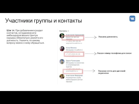 Участники группы и контакты Шаг 14. При добавлении в раздел контактов,