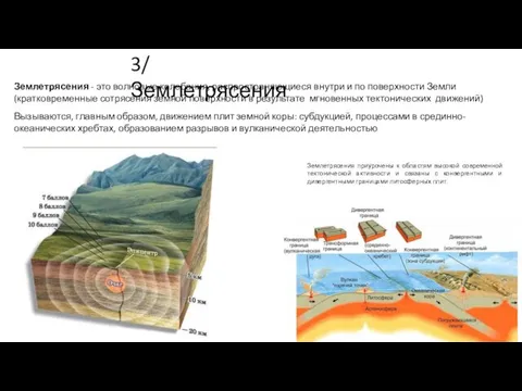 3/ Землетрясения Землетрясения - это волновые колебания, распространяющиеся внутри и по