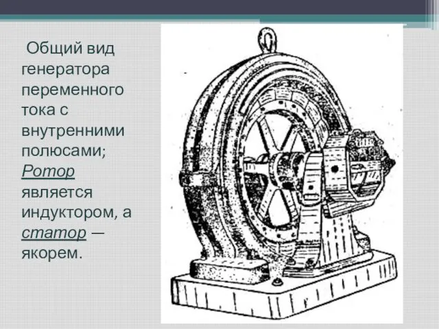 Общий вид генератора переменного тока с внутренними полюсами; Ротор является индуктором, а статор — якорем.