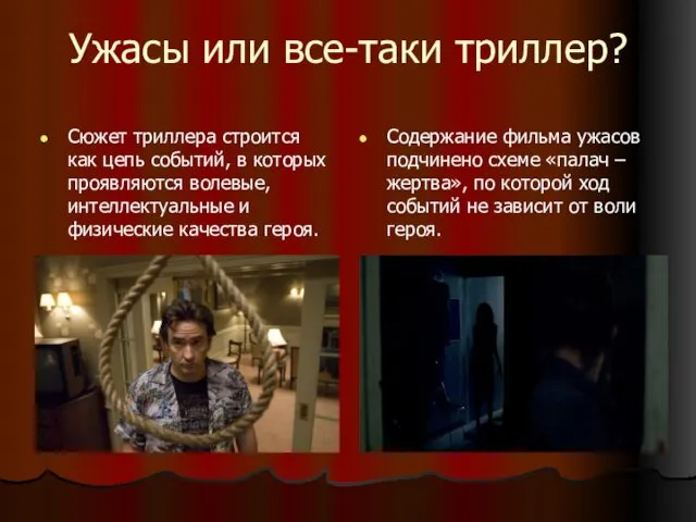 Ужасы или все-таки триллер? Сюжет триллера строится как цепь событий, в