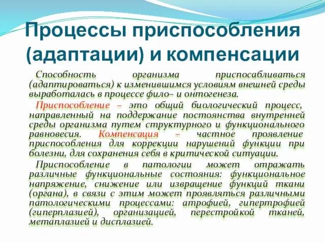 Процессы приспособления (адаптации) и компенсации Способность организма приспосабливаться (адаптироваться) к изменившимся