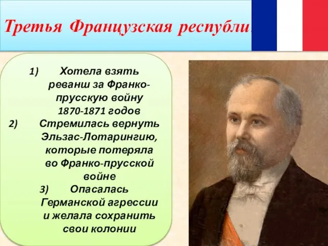 Третья Французская республика Хотела взять реванш за Франко-прусскую войну 1870-1871 годов