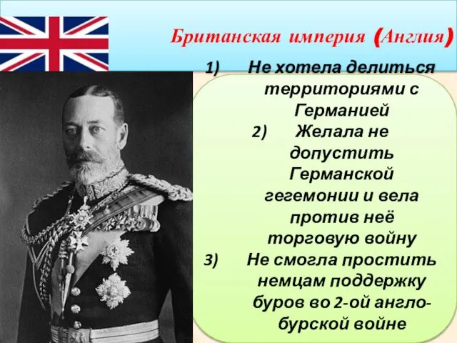 Британская империя (Англия) Не хотела делиться территориями с Германией Желала не