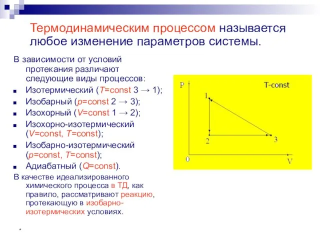 * Термодинамическим процессом называется любое изменение параметров системы. В зависимости от