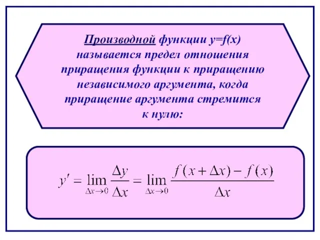 Производной функции y=f(x) называется предел отношения приращения функции к приращению независимого