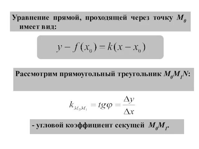 Уравнение прямой, проходящей через точку M0 имеет вид: Рассмотрим прямоугольный треугольник