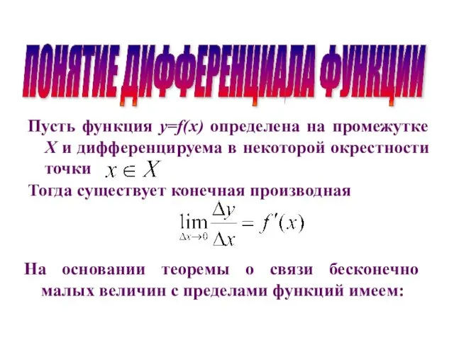 ПОНЯТИЕ ДИФФЕРЕНЦИАЛА ФУНКЦИИ Пусть функция y=f(x) определена на промежутке Х и