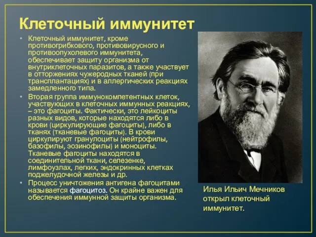 Клеточный иммунитет Клеточный иммунитет, кроме противогрибкового, противовирусного и противоопухолевого иммунитета, обеспечивает