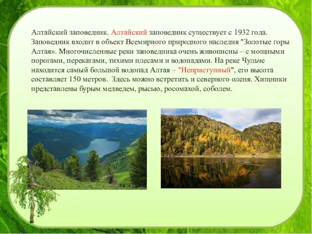 Алтайский заповедник. Алтайский заповедник существует с 1932 года. Заповедник входит в