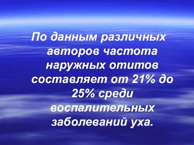 По данным различных авторов частота наружных отитов составляет от 21% до 25% среди воспалительных заболеваний уха.