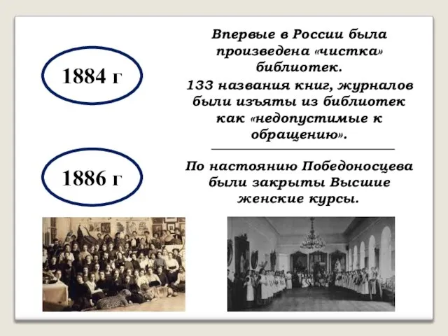 1884 г Впервые в России была произведена «чистка» библиотек. 133 названия