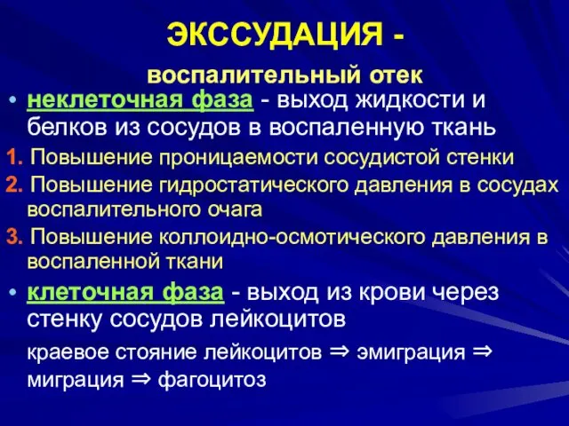 ЭКССУДАЦИЯ - воспалительный отек неклеточная фаза - выход жидкости и белков