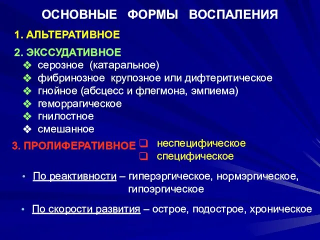 ОСНОВНЫЕ ФОРМЫ ВОСПАЛЕНИЯ 1. АЛЬТЕРАТИВНОЕ 2. ЭКССУДАТИВНОЕ 3. ПРОЛИФЕРАТИВНОЕ серозное (катаральное)