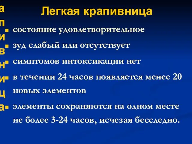 Легкая крапивница состояние удовлетворительное зуд слабый или отсутствует симптомов интоксикации нет