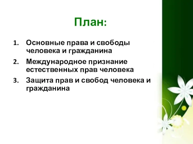 План: Основные права и свободы человека и гражданина Международное признание естественных