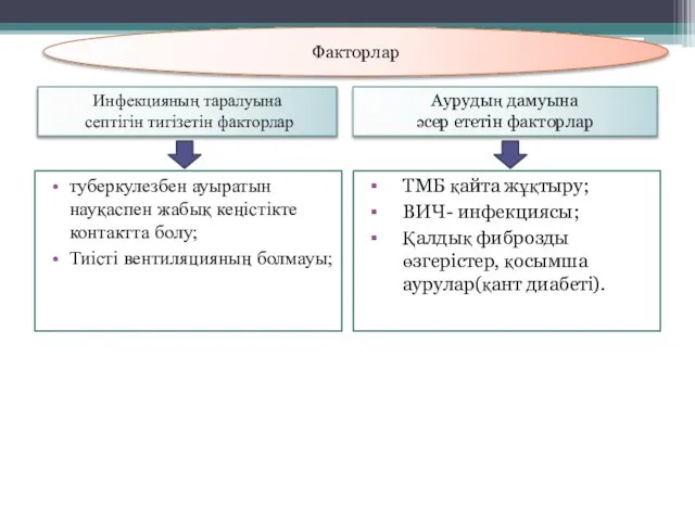 туберкулезбен ауыратын науқаспен жабық кеңістікте контактта болу; Тиісті вентиляцияның болмауы; ТМБ