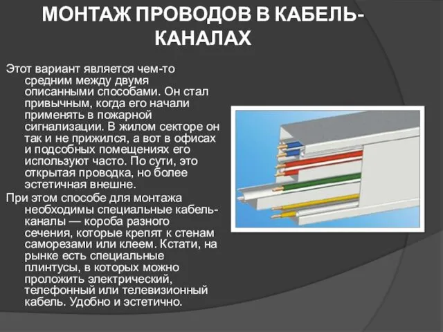 МОНТАЖ ПРОВОДОВ В КАБЕЛЬ-КАНАЛАХ Этот вариант является чем-то средним между двумя