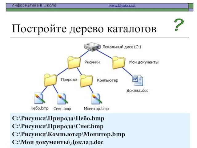 Постройте дерево каталогов C:\Рисунки\Природа\Небо.bmp C:\Рисунки\Природа\Снег.bmp C:\Рисунки\Компьютер\Монитор.bmp C:\Мои документы\Доклад.doc ?