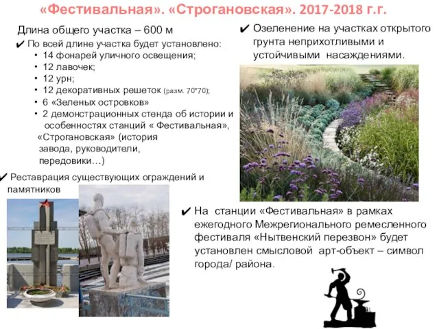 «Фестивальная». «Строгановская». 2017-2018 г.г. Длина общего участка – 600 м Озеленение