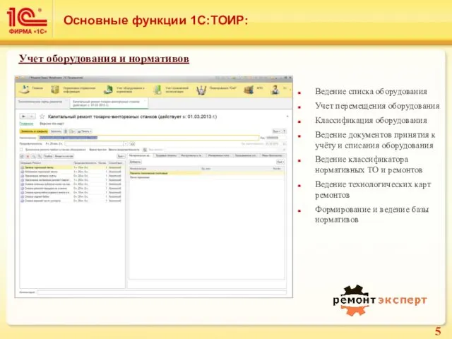 Основные функции 1С:ТОИР: Ведение списка оборудования Учет перемещения оборудования Классификация оборудования