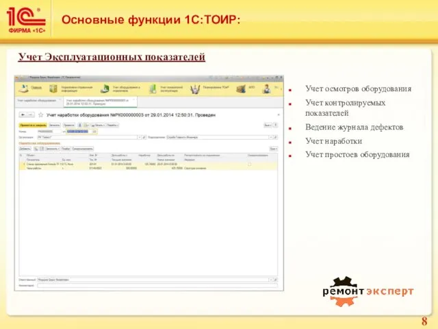 Основные функции 1С:ТОИР: Учет осмотров оборудования Учет контролируемых показателей Ведение журнала
