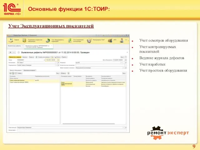 Основные функции 1С:ТОИР: Учет осмотров оборудования Учет контролируемых показателей Ведение журнала