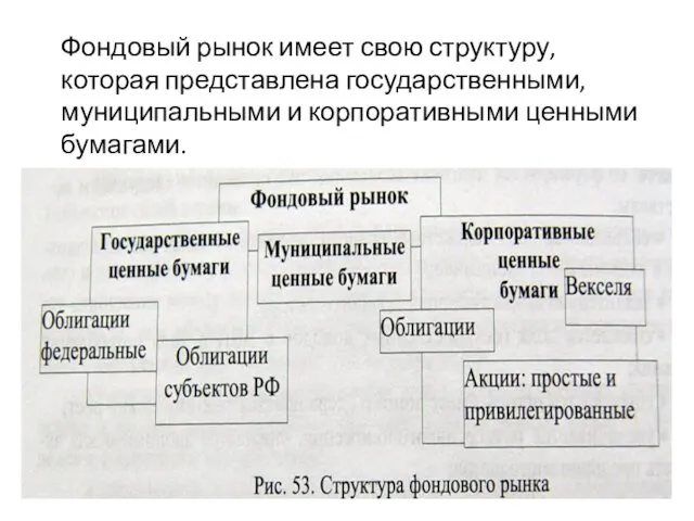 Фондовый рынок имеет свою структуру, которая представлена государственными, муниципальными и корпоративными ценными бумагами.