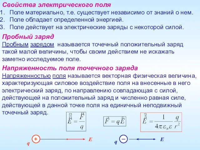 + Свойства электрического поля Поле материально, т.е. существует независимо от знаний