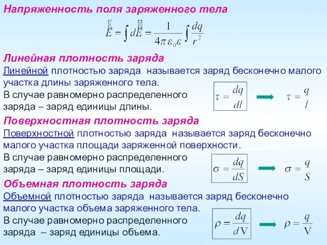 Линейная плотность заряда Линейной плотностью заряда называется заряд бесконечно малого участка