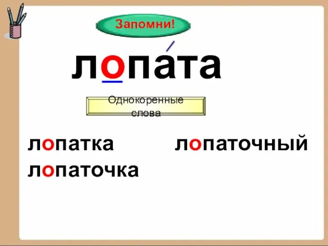 Запомни! лопата Однокоренные слова лопатка лопаточка лопаточный