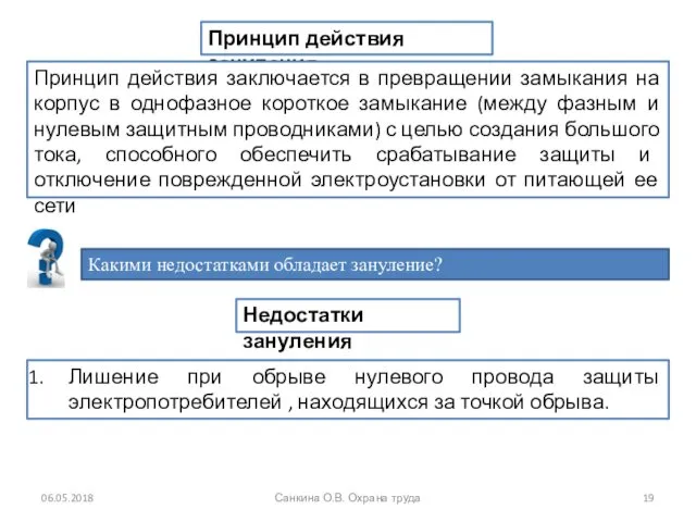 06.05.2018 Санкина О.В. Охрана труда Принцип действия зануления Принцип действия заключается