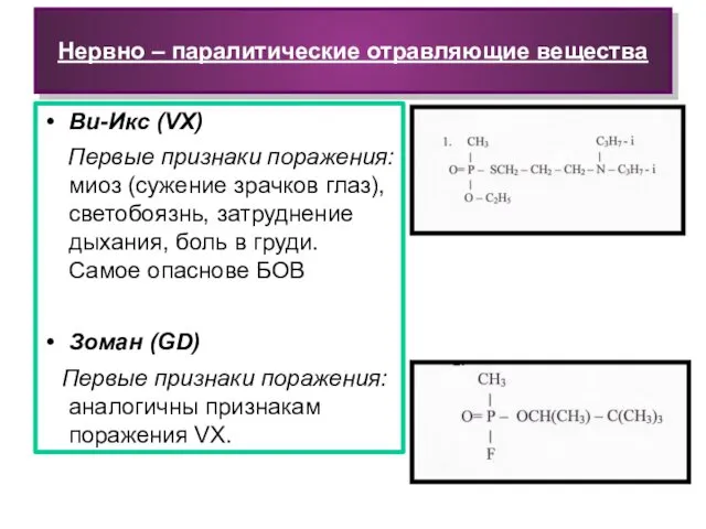 Нервно – паралитические отравляющие вещества Ви-Икс (VX) Первые признаки поражения: миоз