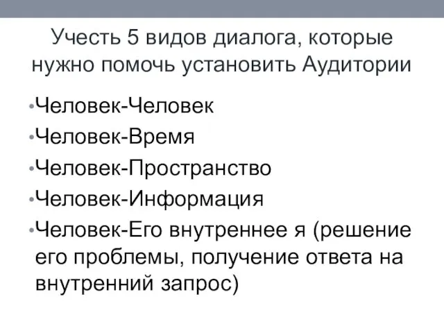 Учесть 5 видов диалога, которые нужно помочь установить Аудитории Человек-Человек Человек-Время