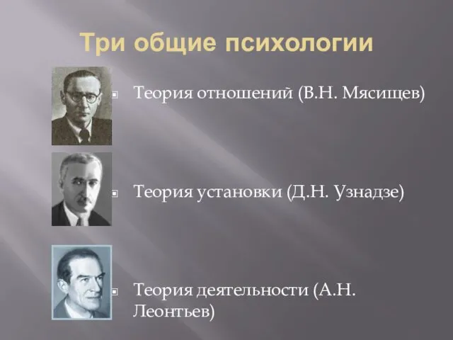 Три общие психологии Теория отношений (В.Н. Мясищев) Теория установки (Д.Н. Узнадзе) Теория деятельности (А.Н. Леонтьев)