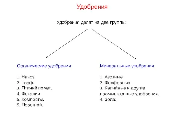 Удобрения делят на две группы: Удобрения Органические удобрения 1. Навоз. 2.