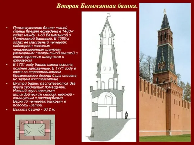 Вторая Безымянная башня. Промежуточная башня южной стены Кремля возведена в 1480-х