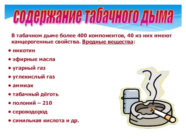 содержание табачного дыма В табачном дыме более 400 компонентов, 40 из