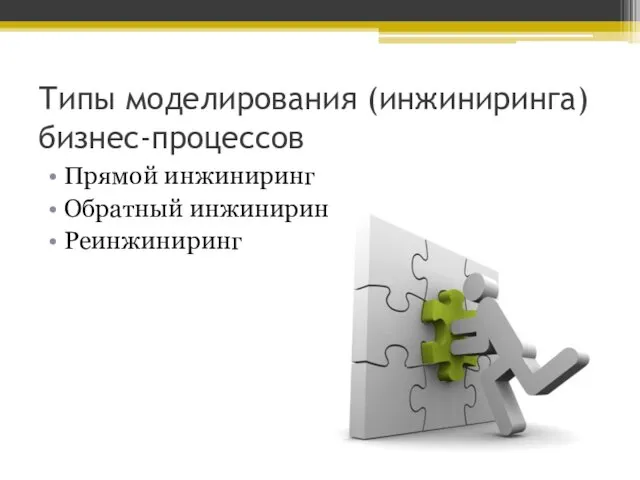 Типы моделирования (инжиниринга) бизнес-процессов Прямой инжиниринг Обратный инжиниринг Реинжиниринг