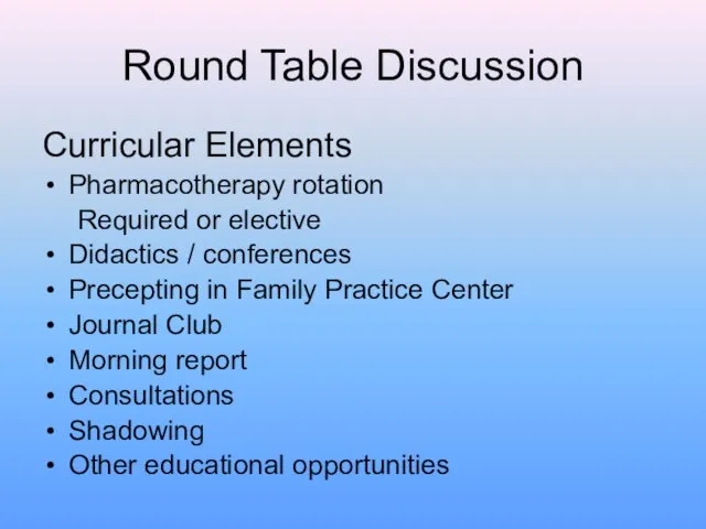 Round Table Discussion Curricular Elements Pharmacotherapy rotation Required or elective Didactics