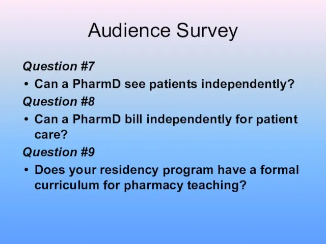 Audience Survey Question #7 Can a PharmD see patients independently? Question