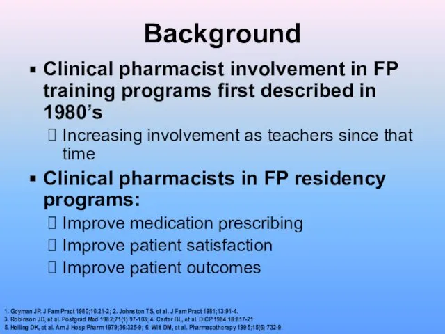 Background Clinical pharmacist involvement in FP training programs first described in