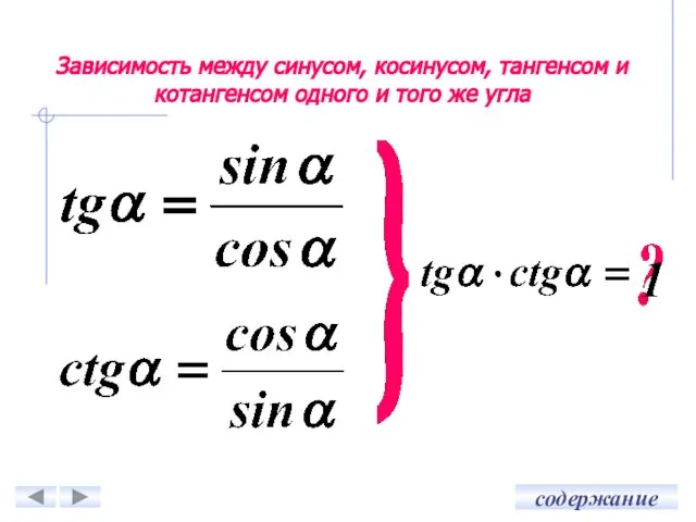 Зависимость между синусом, косинусом, тангенсом и котангенсом одного и того же угла