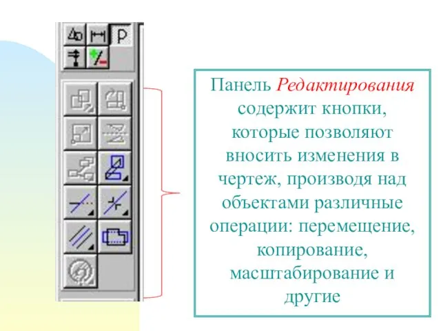 Панель Редактирования содержит кнопки, которые позволяют вносить изменения в чертеж, производя