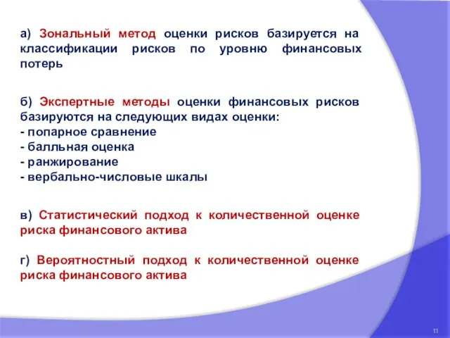 а) Зональный метод оценки рисков базируется на классификации рисков по уровню