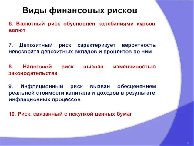 6. Валютный риск обусловлен колебаниями курсов валют Виды финансовых рисков 7.