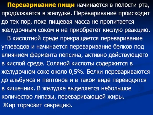 Переваривание пищи начинается в полости рта, продолжается в желудке. Переваривание происходит