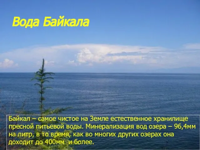 Вода Байкала Байкал – самое чистое на Земле естественное хранилище пресной