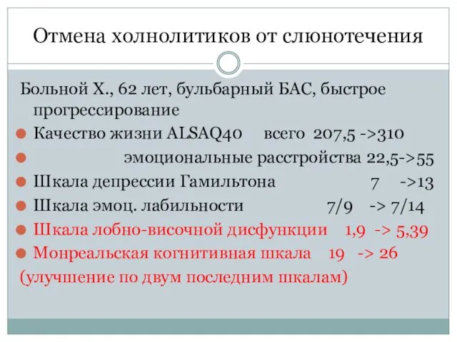 Отмена холнолитиков от слюнотечения Больной Х., 62 лет, бульбарный БАС, быстрое