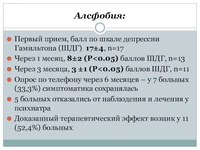 Алсфобия: Первый прием, балл по шкале депрессии Гамильтона (ШДГ) 17±4, n=17