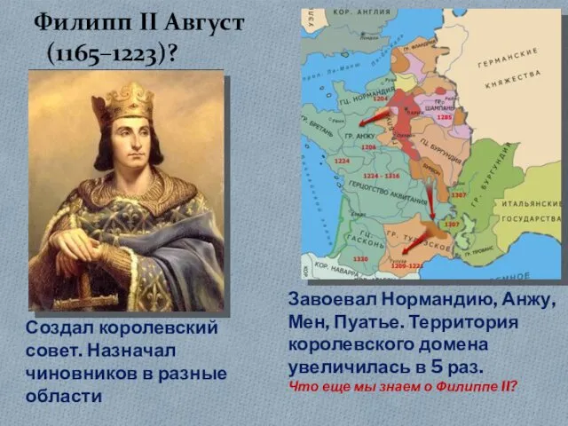 Филипп II Август (1165–1223)? Завоевал Нормандию, Анжу, Мен, Пуатье. Территория королевского